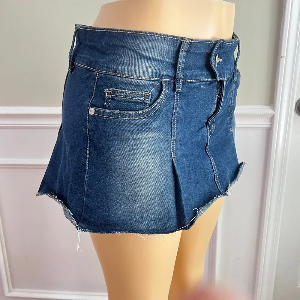 Y2K Vtg Refuge Stetch Denim Mini Skort Sz M Women Raw Hem Blue Retro Streetwear